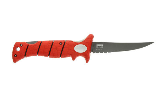 knife with orange handle and gray blade